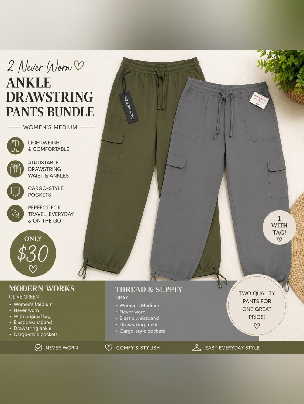 🦚Modern Works + Thread & Supply Drawstring Ankle Pants Bundle | Women's M |
